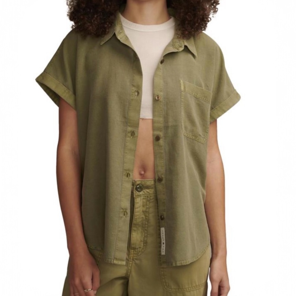 Lucky Brand Cotton Linen Dusty Olive Short Sleeve Blouse NWT $70